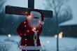 © Space Priest - Santa claus decorated with lights in winter snowfall scene, Crucifixion style instead of Jesus Christ