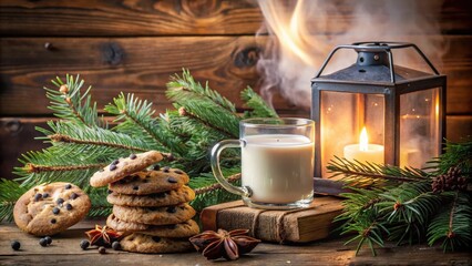 Poster - Warm milk, a stack of chocolate chip cookies, a flickering candle lantern, and a sprig of evergreen create a cozy winter scene.