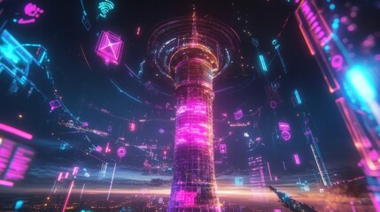 Poster - Futuristic Communication Tower Surrounded by Neon Digital Elements