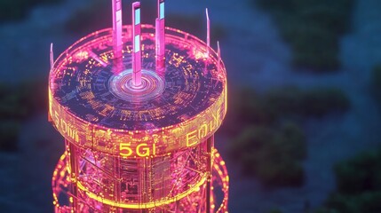 Poster - Futuristic Communications Tower with Neon Lights in Urban Setting