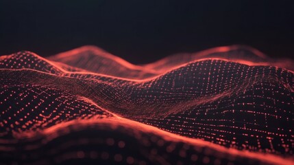 Poster - Abstract Red Wave Form with Dots Floating in a Dark Background