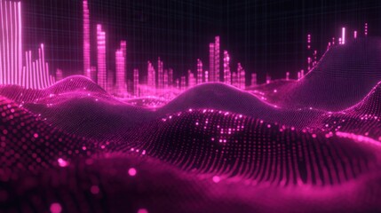 Poster - Futuristic Abstract Landscape with Waves and Neon Pink Lights