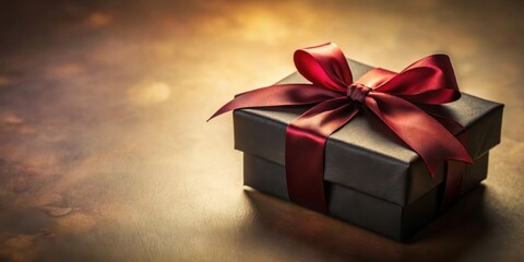 Poster - A single black gift box with a large red bow sits on a warm brown background, illuminated by soft light.