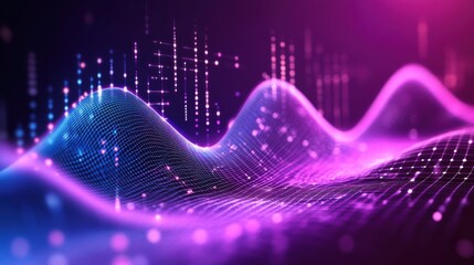 Poster - Abstract Digital Waveform in Vibrant Purple and Blue Light Patterns
