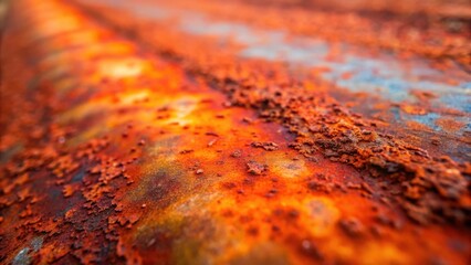 Poster - A Close-Up View of the Textured Surface of Rusted Metal, Showing a Range of Red, Orange, and Brown Hues, with a Subtle Blue Underneath