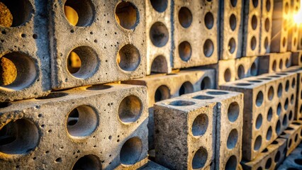 Poster - A stack of concrete blocks with circular cutouts, bathed in the warm glow of the setting sun, creating a textured and geometric visual landscape.