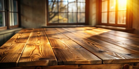 Fototapete - Sunlight streams through a window, casting warm light upon a rustic wooden table, creating a perfect setting for a cozy moment.