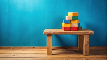 Poster - A rustic wooden bench with a stack of colorful blocks against a vibrant blue wall