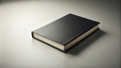 Poster - A solitary black hardcover book lies on a pristine white surface, bathed in soft, natural light, casting a subtle shadow, its unassuming presence inviting contemplation.