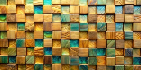 Aufkleber - A Wall Covered in Natural Wood Blocks with Hints of Teal and Gold