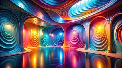 Aufkleber - Abstract Psychedelic Interior with Circular Walls and Reflective Floor