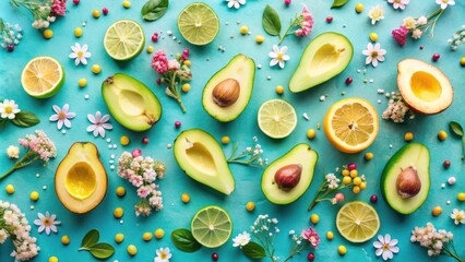 Poster - Vibrant and Fresh A Delightful Arrangement of Citrus, Avocado, and Delicate Blooms on a Turquoise Background