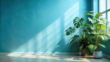 Aufkleber - Sunlight streaming through a window illuminates a room with a light blue wall and potted plants on the floor