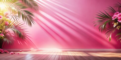 Aufkleber - Sunlight streams through tropical foliage onto a vibrant pink wall, casting long shadows on the wooden floor.