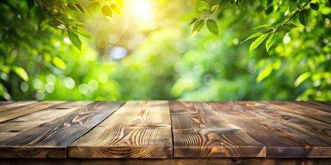 Poster - A rustic wooden table top with a blurred background of vibrant green foliage and sunlight beaming through the trees