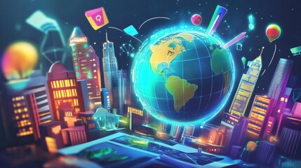 Poster - Futuristic Cityscape with Neon Globe and Digital Elements