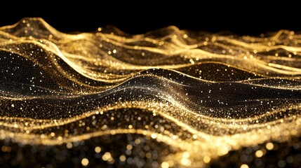 Poster - Golden Shimmering Waves of Glittering Particles on Black Background