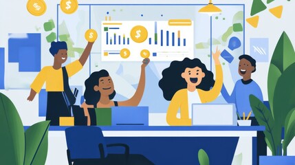 Poster - Team Celebrating Success and Revenue Growth in Bright Office