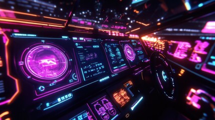 Poster - Futuristic Cyber Dashboard with Neon Lights and Technology Display