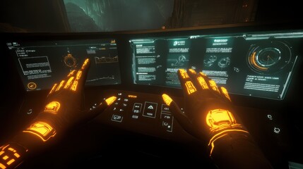 Poster - Futuristic Control Panel with Glowing Hands in Sci-Fi Environment