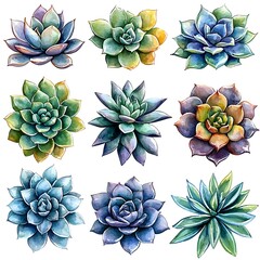 Collection of Watercolor Succulents Nine Unique Designs for Botanical Art and Design Projects.
