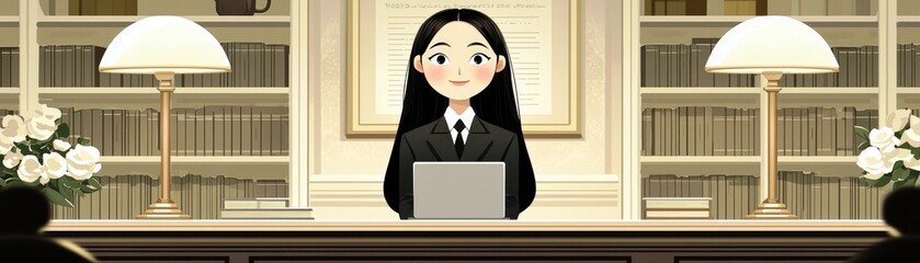 Poster - Professional Woman in Suit Working at Desk with Laptop and Books