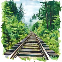 Wall Mural - Watercolor Painting of a Train Track Winding Through a Lush Green Forest.