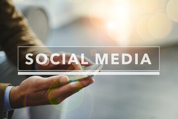 Poster - Social media, hands and mobile phone with text for connection, communication and networking update. Person, technology and overlay for application, scroll and website for information as professional
