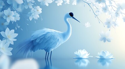 Naklejka na meble A majestic crane wading in a shallow pond surrounded by blooming lotus flowers, the willows’ drooping branches creating a natural frame, golden light casting soft shadows,