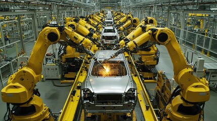 Poster - High-Speed Robotic Welding Arms in an Automotive Manufacturing Facility Showcasing Advanced Technology and Precision Engineering for Modern Production Needs