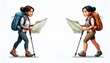 © Niser - Female hikers isolated on white background. Vector cartoon illustration of young women equipped with hiking gear and backpack, walking with trekking poles, looking at map to find way, activ