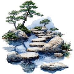 Wall Mural - Serene Watercolor Painting of Stepping Stones Across a Tranquil Pond, Surrounded by Lush Greenery and Majestic Mountains.