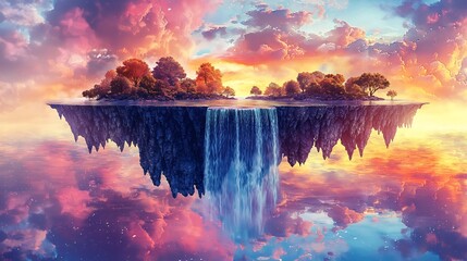 a captivating and ethereal digital landscape featuring floating islands with cascading waterfalls an
