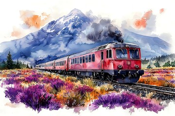 Wall Mural - A Watercolor Painting of a Vintage Red Train Chugging Through a Lavender Field with Majestic Mountains in the Background.