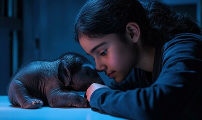 Poster - Gentle connection between girl and baby elephant. AI.