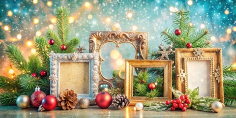 Poster - A Festive Arrangement of Ornate Frames Adorned with Pine Branches, Red Baubles, and Glimmering Lights