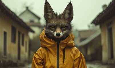 Wall Mural - Fox in a yellow raincoat on a rainy day. AI.