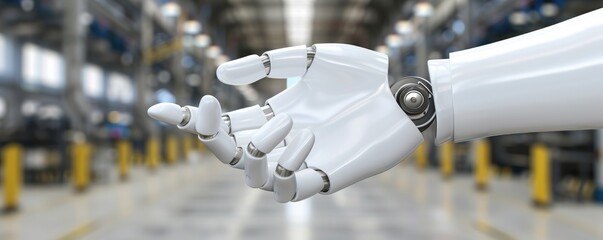 Poster - A robotic hand extends in a modern industrial space, showcasing advanced technology and automation in manufacturing.