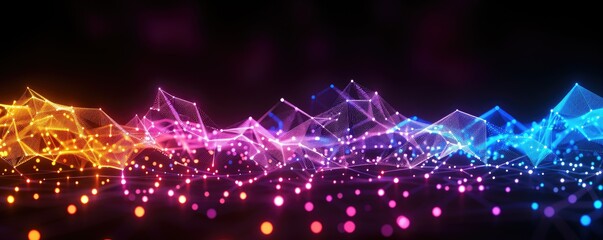 Poster - A vibrant, colorful digital wave of light particles in shades of pink, blue, and orange against a dark background, evoking a dynamic and energetic feel.