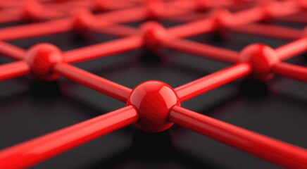 Poster - A close-up view of a red geometric structure featuring spherical nodes interconnected by lines on a dark background.