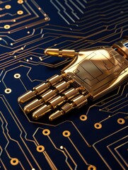 Poster - A metallic robotic hand resting on a circuit board, symbolizing technology, innovation, and the fusion of machines and human-like features.