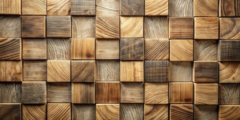 Aufkleber - A Textured Wall of Interlocking Wooden Squares, Crafted from Natural Wood with Intricate Grain Patterns and Subtle Variations in Color and Finish