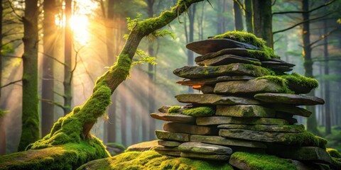 Aufkleber - A Stone Cairn in a Sunlit Forest, with Moss Covered Branches and a Misty Atmosphere