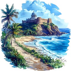 Poster - Watercolor painting of a coastal fortress with palm trees and a sandy beach path.