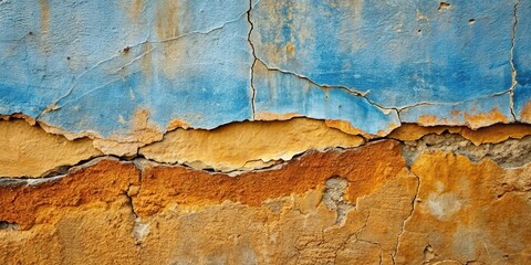 Aufkleber - Cracked and weathered wall with peeling blue paint revealing a layer of aged orange and yellow stucco beneath