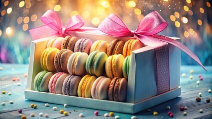 Poster - A Gift Box Overflowing with Delicate Macarons, Tied with a Bow, Surrounded by Scattered Sprinkles on a Rustic Wooden Table