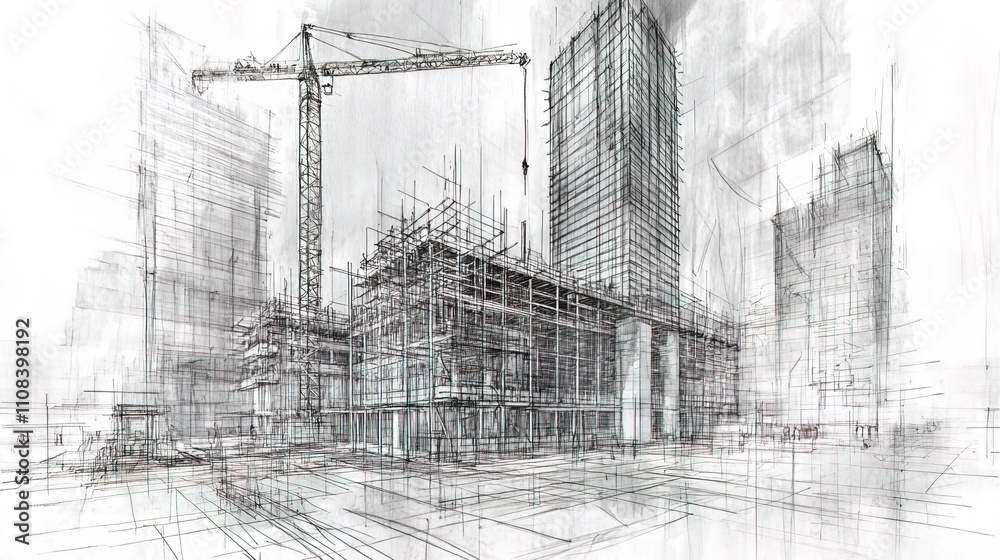 Blueprint sketch of a high-rise building under construction with a ...