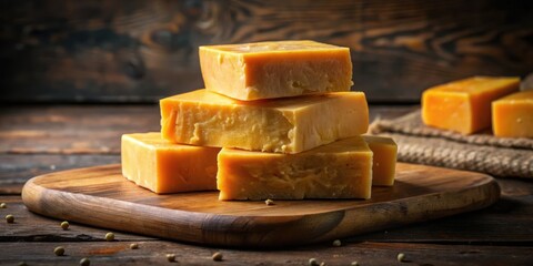 Poster - A Stack of Golden Yellow Cheese Blocks on a Wooden Cutting Board with Rustic Background