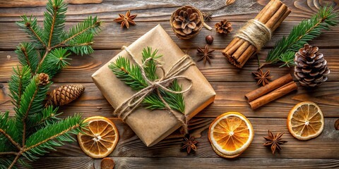 Poster - A Rustic Christmas Gift Wrapped in Brown Paper with Pine Sprigs and Dried Orange Slices on a Wooden Table