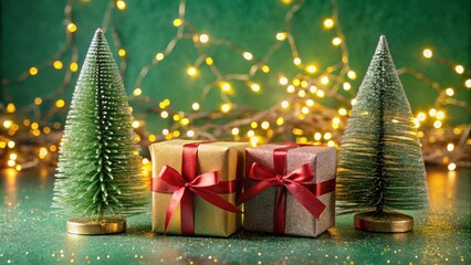 Aufkleber - Festive Christmas Decor with Mini Pine Trees, Glittering Gifts, and Warm String Lights